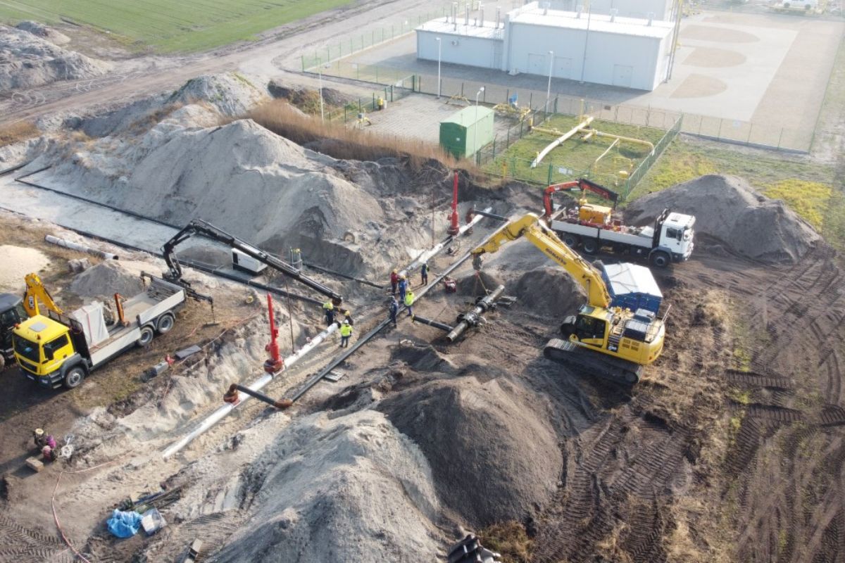 Widok z lotu ptaka na budowę biometanowni